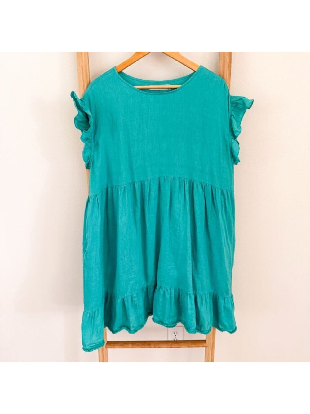 Haven Linen Ruffle Sleeve Mini Dress Turquoise Teal Women’s Size Medium Large